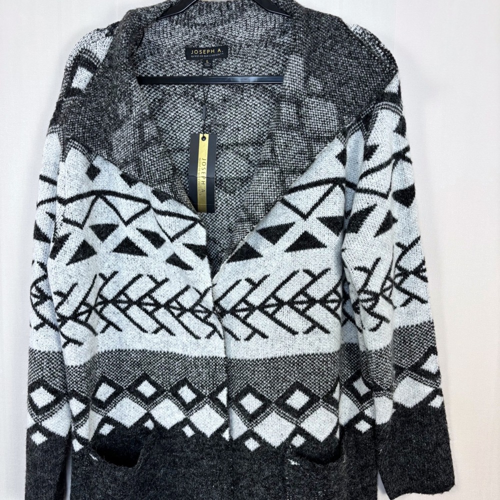 NWT Joseph A. Nordic Jacquard Open Front Long Cardigan Sweater Pockets Sz L Gray